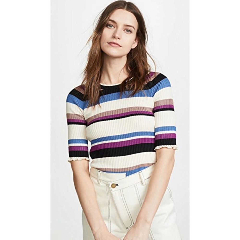 Eleven Six Abi 70s Multi Stripe Short Sleeve Sweater Medium